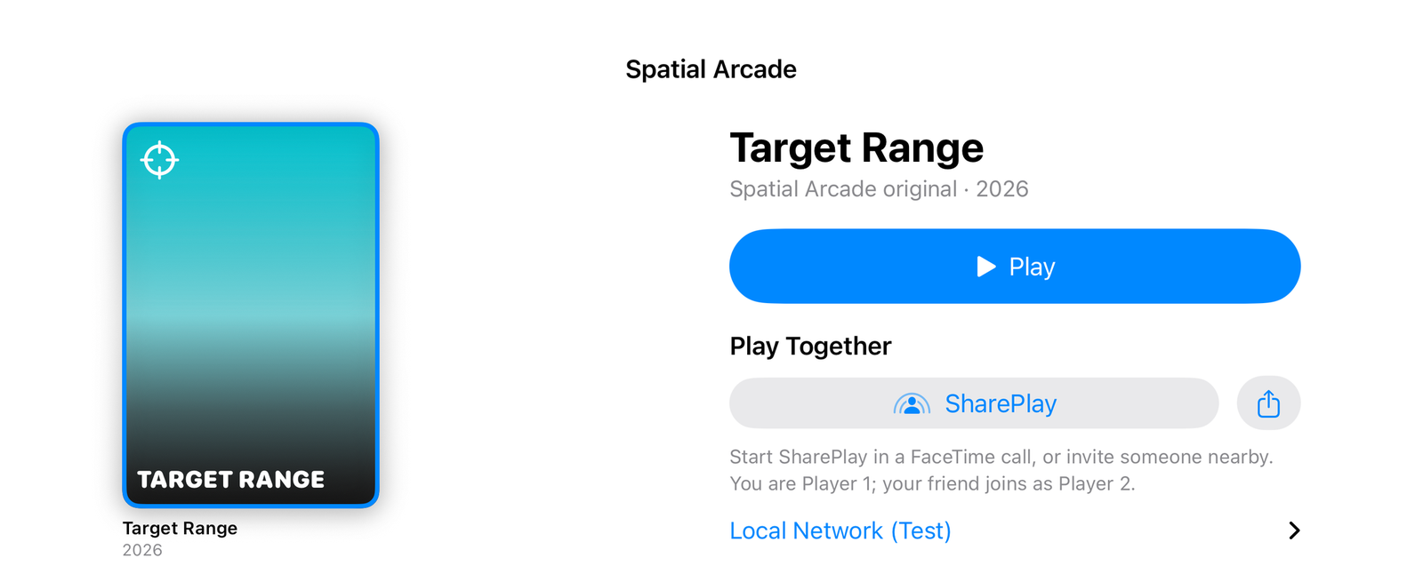 The Spatial Arcade library on iPhone: the Target Range card, a Play button and SharePlay under Play Together.