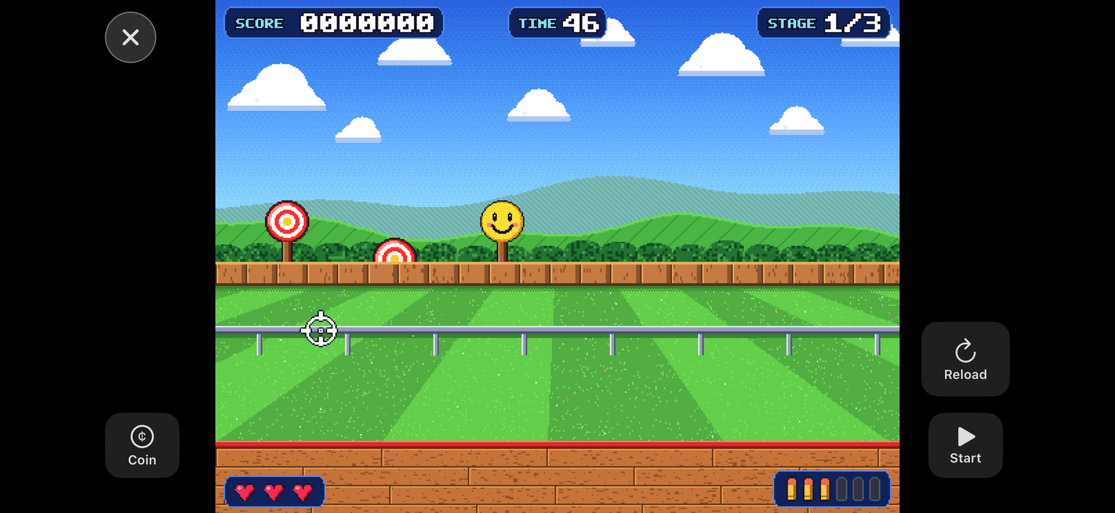 iPhone in landscape: Target Range fills the middle of the screen, with Coin on the left and Reload and Start on the right.