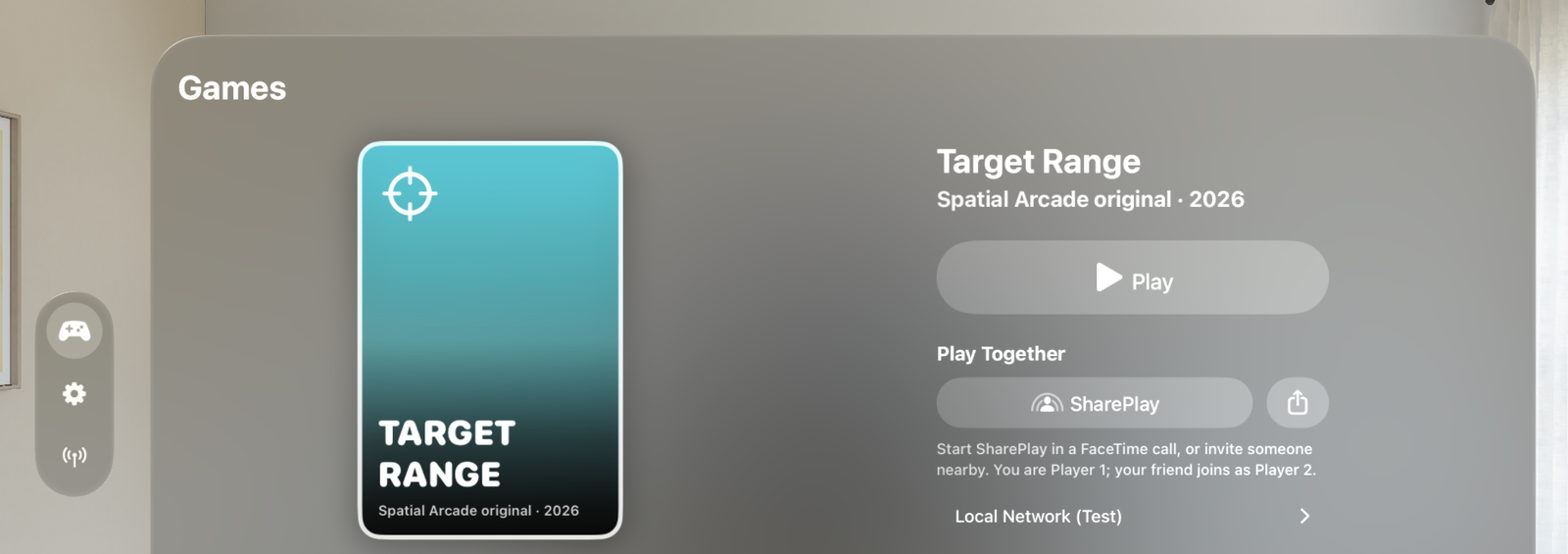 The Games window on Apple Vision Pro: the Target Range card, a Play button and SharePlay under Play Together.