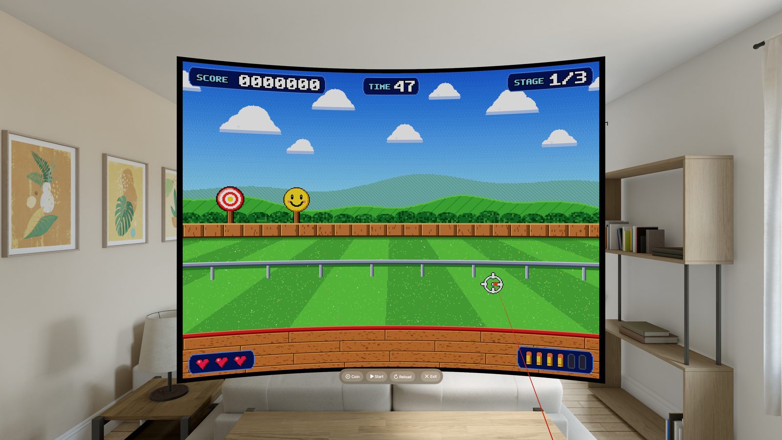 Apple Vision Pro: Target Range on a giant curved screen floating in a living room, between framed prints and a bookshelf, with the sight aimed at the grass and a laser line from the controller.