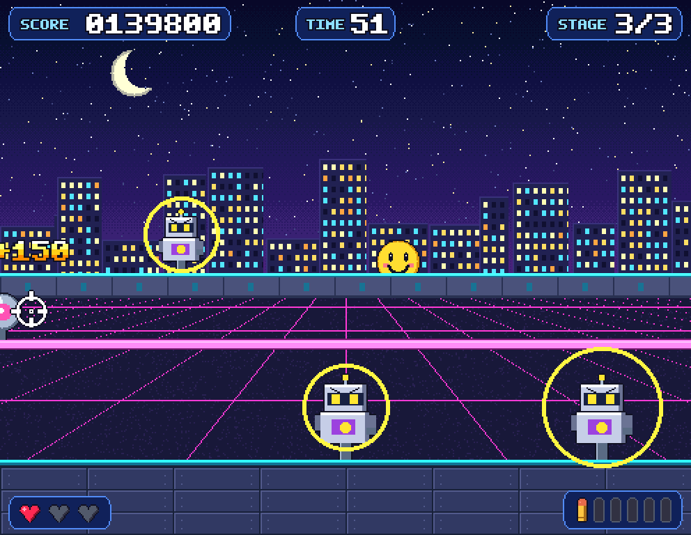 Stage 3, Neon Nights: the gallery at night, lit in neon.