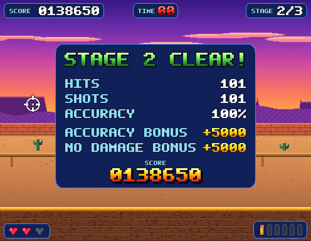 The stage tally: hits, shots, accuracy and bonuses.