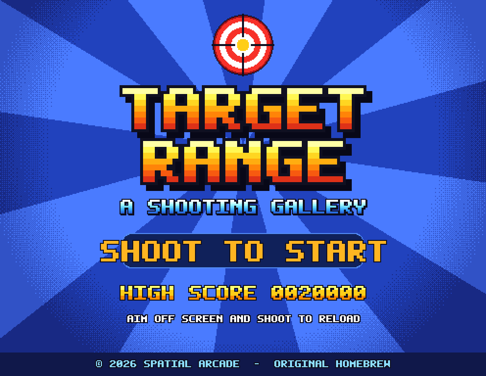 Target Range title screen: the logo over a rotating ray backdrop, with Shoot to Start and the high score.